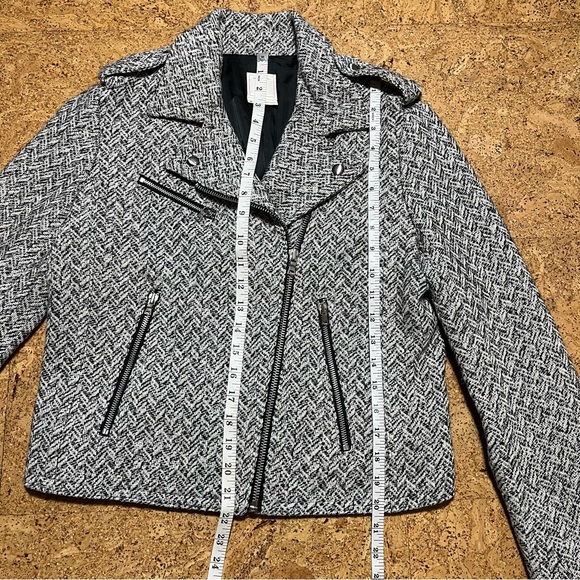 Gap Wm’s Wool Blend Herringbone Moto Zip Up Jacket In White Gray Black Sz M - Picture 14 of 16